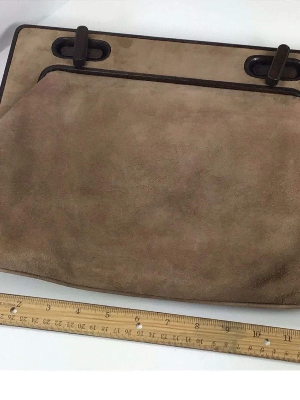 Tufi Duek Taupe Suede Clutch with Dark Brown Trim